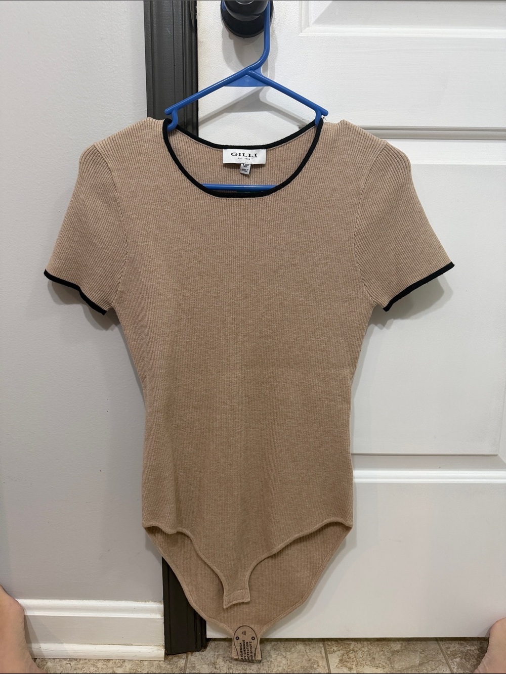 Tan Short Sleeve Bodysuit with Black Trim